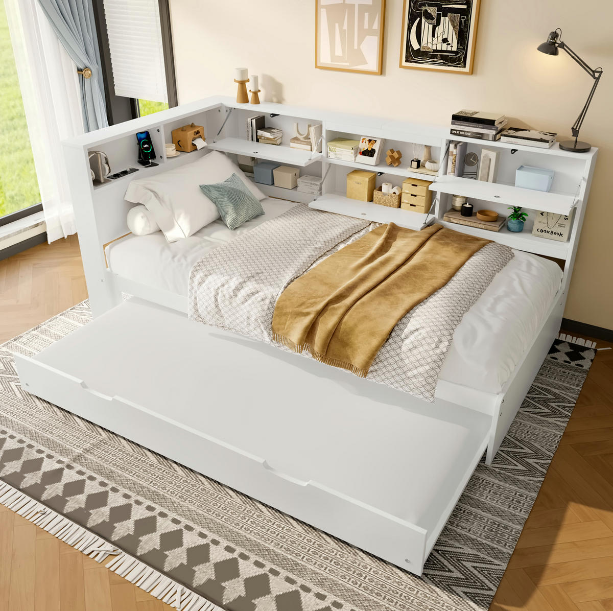 POLSTERBETT 90/200 cm Weiß aus Kiefernholz mit Ausziehbett - Weiß, Holz (90/200cm) - OKMYHOME
