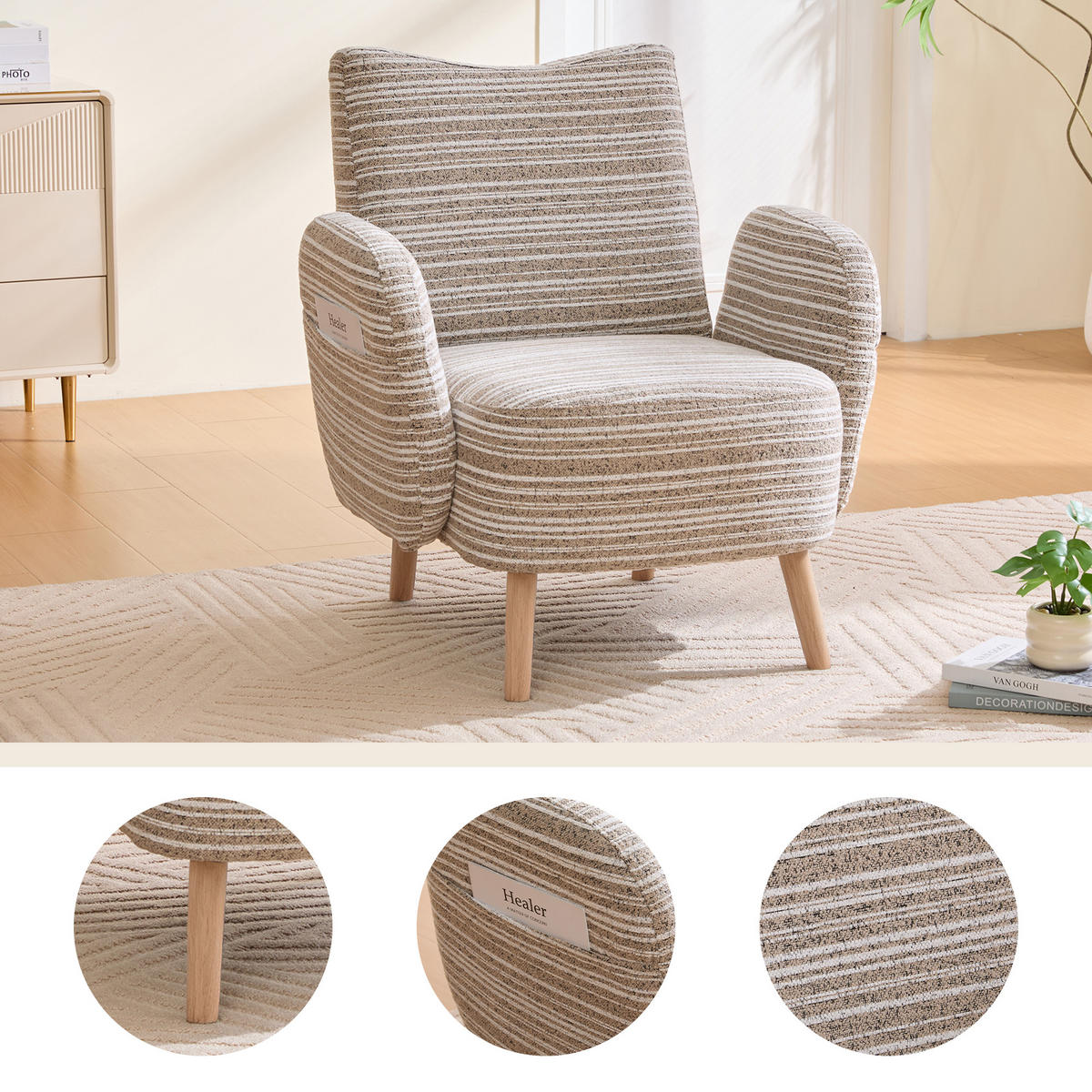 POLSTERSESSEL mit Kreismuster 77x81x87 cm Holzbeine - Beige, Textil/Metall (77/87/81cm) - PARAFTA HOME