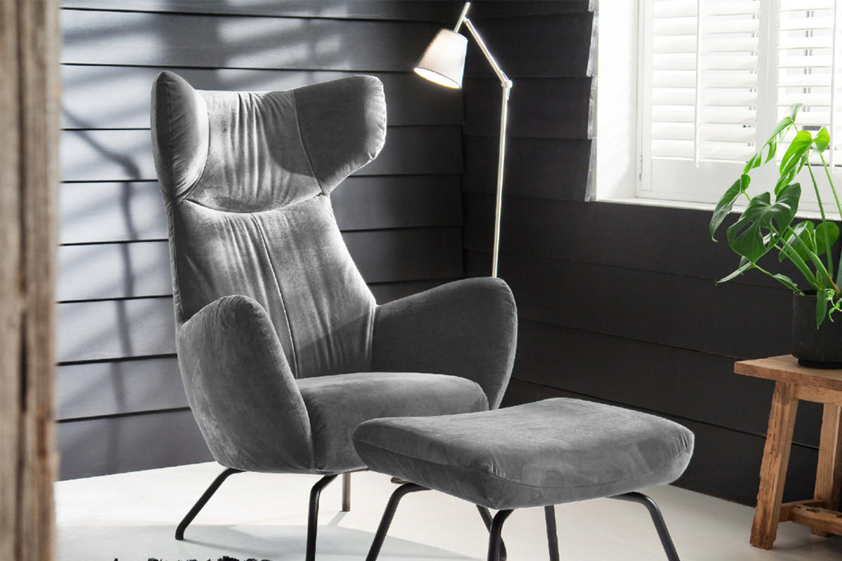 SESSEL MIT HOCKER LOTTE Silber Velvet - Silberfarben/Schwarz, Textil (79/117/82cm) - KAWOLA