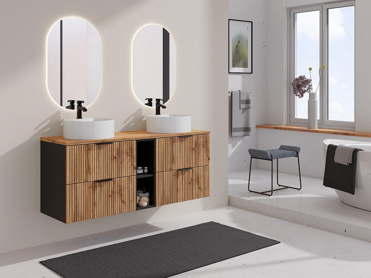 WASCHBECKENUNTERSCHRANK - 140cm x 46cm - MDF - schwarz, naturfarben hell - MADELA - Schwarz, Holz (140/57/46cm) - Vente-Unique