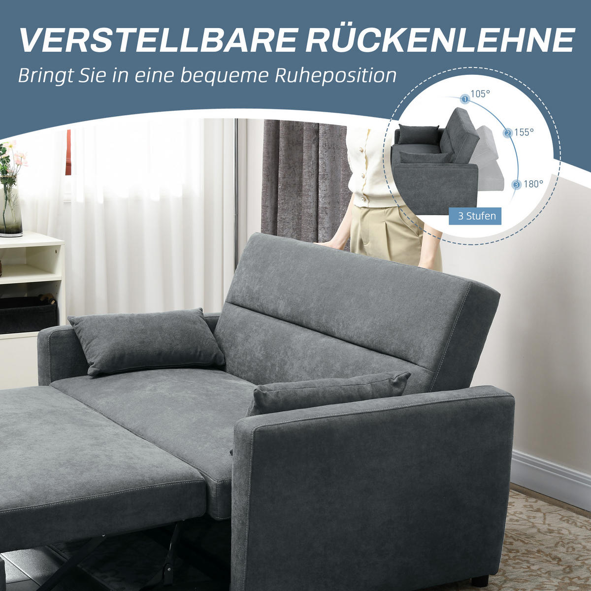 SCHLAFSOFA, Sofa mit Bettfunktion, Wurfkissen, Samtoptik für Wohnzimmer - Dunkelgrau, Holz (90/88.5/155cm) - HOMCOM