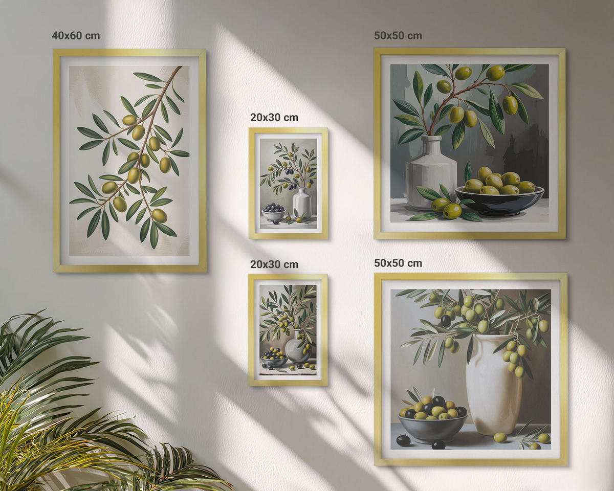 WANDBILDER 5er Set - 50x50 cm & 20x30 cm & 40x60 cm Goldrahmen - Oliven in grauen Vasen - Goldfarben, Kunststoff (40/60cm) - ArtPrintCave