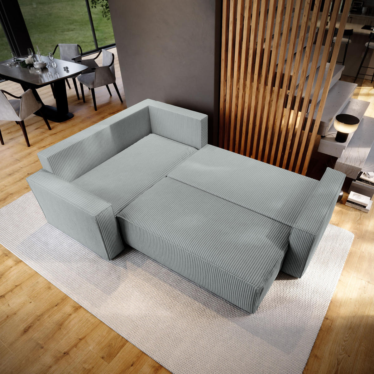 ECKSOFA ESTANO L-S Hellgrau Kordstoff mit Schlaffunktion - Hellgrau, Holz (230/158cm) - MASSENO