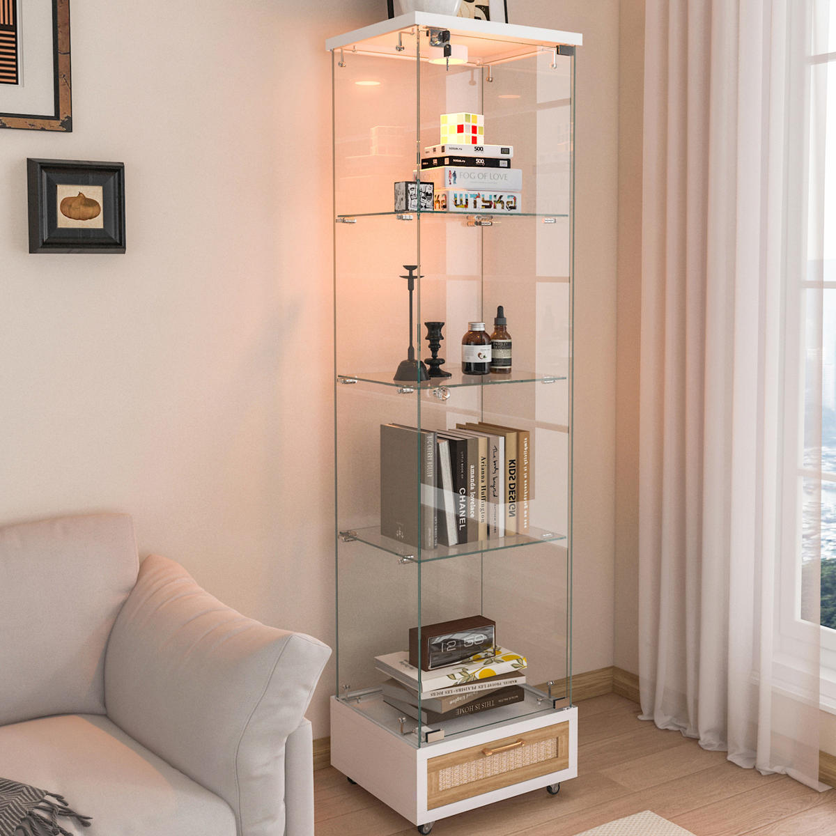 VITRINA 36,5/42,5/167 cm bijela od MDF-a i kaljenog stakla s LED rasvjetom i ladicama - bijela, drvni materijal (42.5/167/36.5cm) - OKWISH