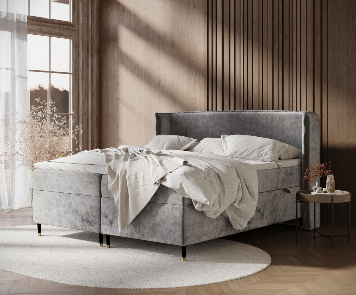 BOXSPRINGBETT Segni Dunkelgrau 160/200 cm mit Matratze und Topper - Dunkelgrau/Schwarz, Holz/Holzwerkstoff (160/200cm) - Maison de Reve