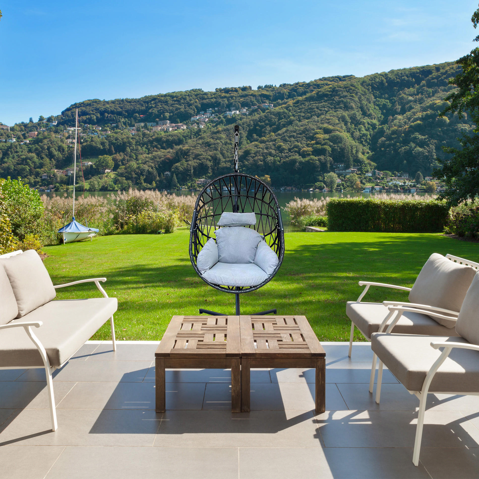 Thumbnail - Mobili Rebecca Hängesessel, Grau, Metall, 1-Sitzer, Oval, 128x200x128 cm, Gartenmöbel, Hängesessel