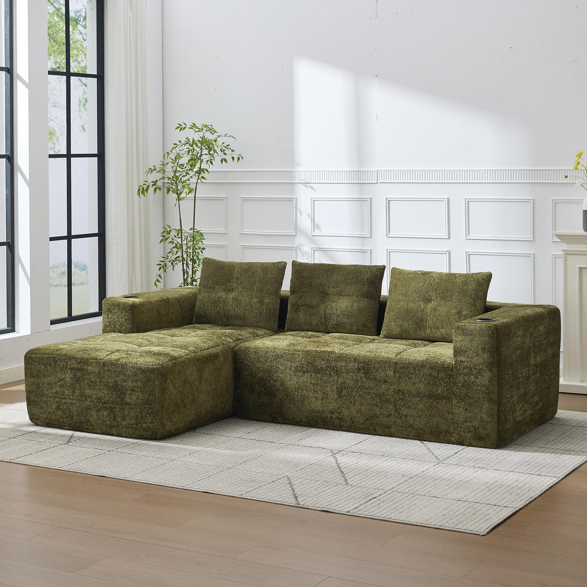 4-SITZER ECKSOFA Polyester Grün mit Becherhaltern - Grün, Textil (258/163cm) - WISHDOR