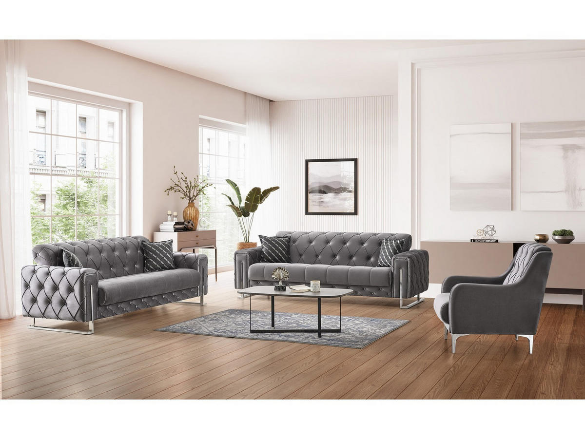SITZGARNITUR Shimla, Grau Stellvariante 2+2+1 - Grau, Holzwerkstoff/Metall (160/80/100cm)