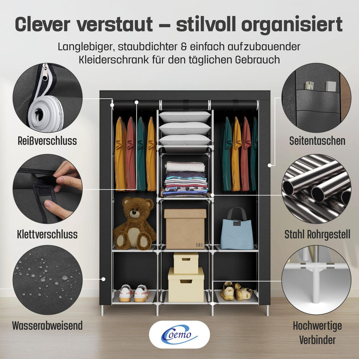 STOFFSCHRANK Kleiderschrank, 2 Kleiderstangen, 130/45/175 cm, Farbe: Schwarz - Schwarz, Textil (45/175/130cm) - Coemo