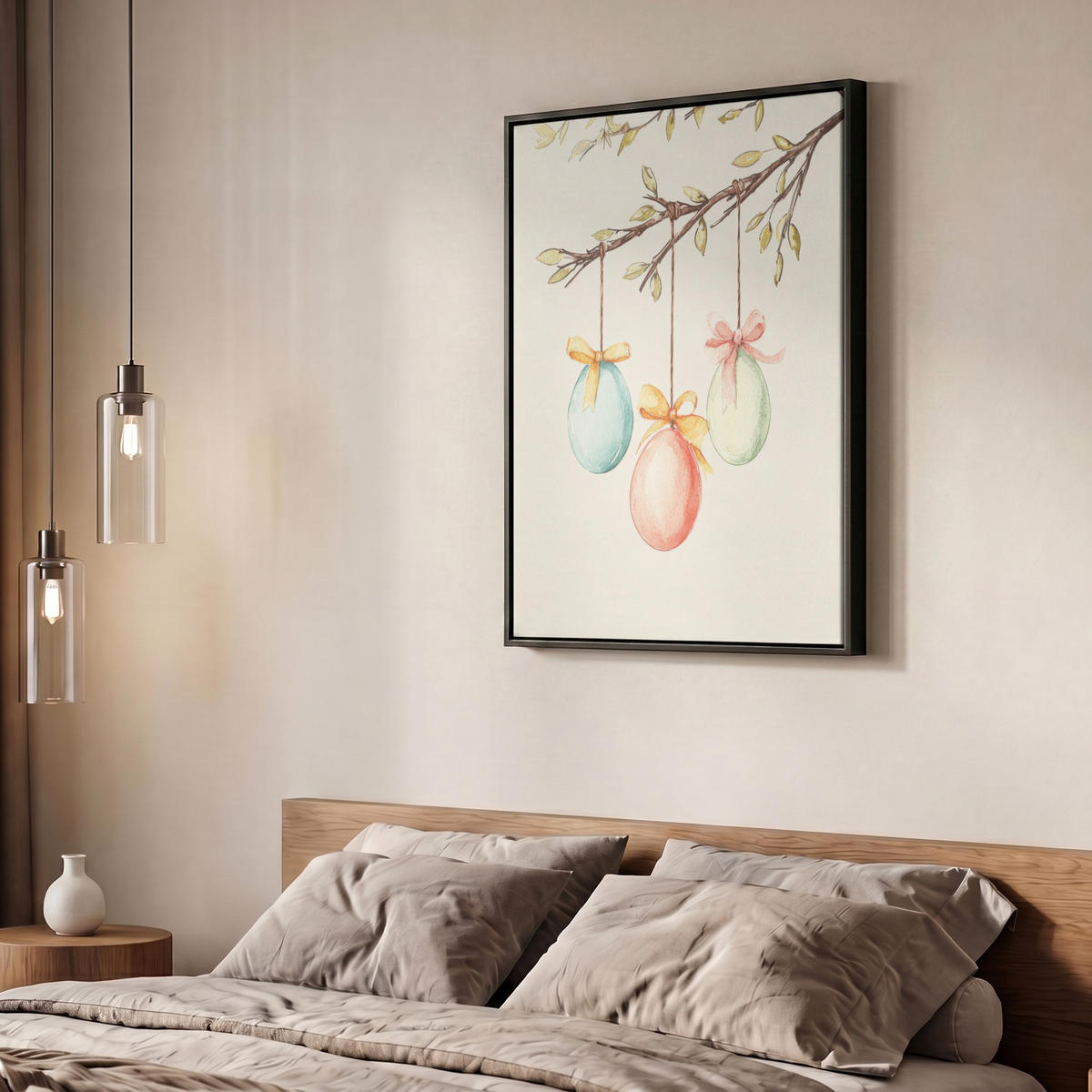 LEINWAND Bilder mit Rahmen - Osterkuchen - Schleife - Eier - 50x70 - Creme, Textil (50/70cm) - MuchoWow