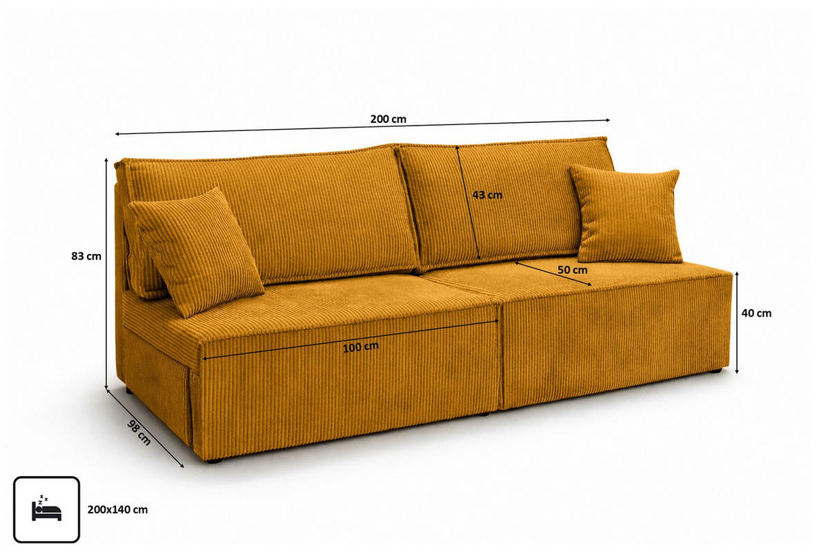 SOFA Mit Schlaffunktion Und Bettkasten, Cordstoff Poso, Senffarbe, BEST MINI - Gelb, Holz (200/83/98cm) - Kaiser Möbel