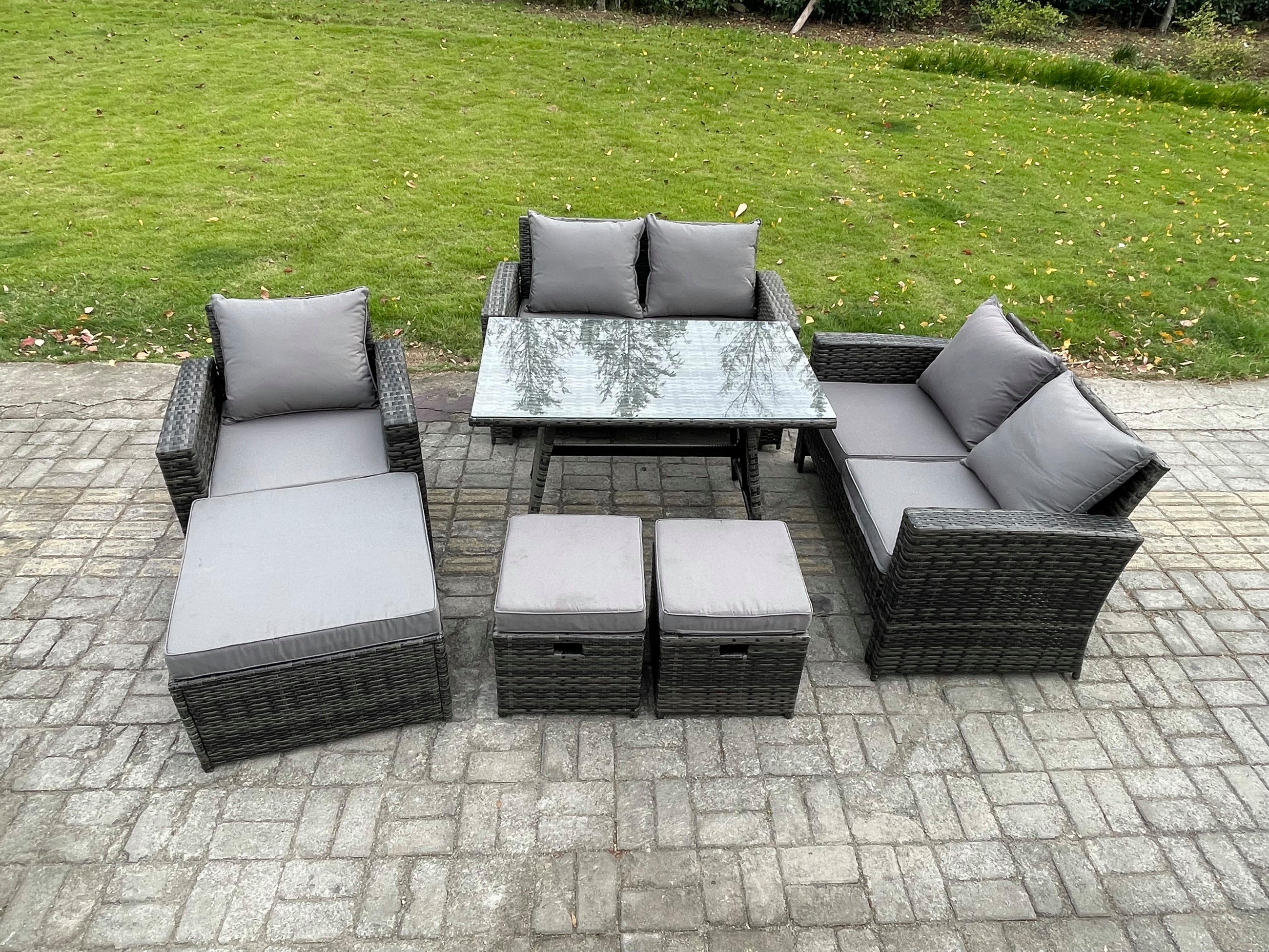 GARTENMÖBELSET mit ESSTISCH,HOCHLEHNER-SOFA Polyrattan Dunkelgrauer Mix 8-Sitzer - Dunkelgrau/Grau, Glas/Kunststoff - Fimous