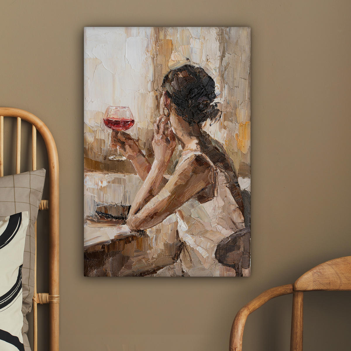 LEINWANDBILD Ölgemälde - Frau - Wein 40x60 cm - Hellbraun, Textil (40/60cm) - MuchoWow