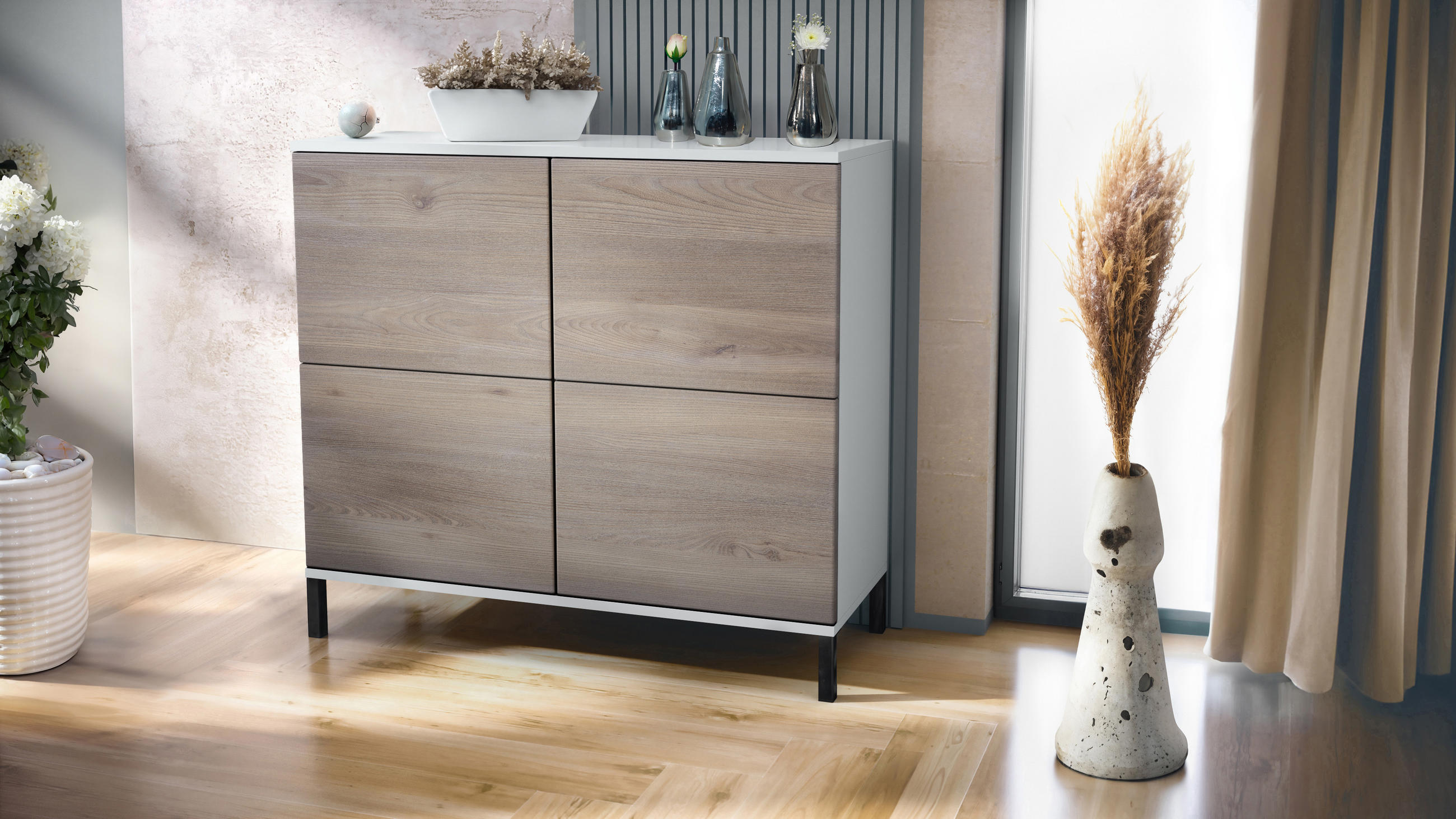 KOMMODE Rova Eiche Nordic - Silbereichenfarben, Holzwerkstoff (92.5/83.5/35cm) - Vladon