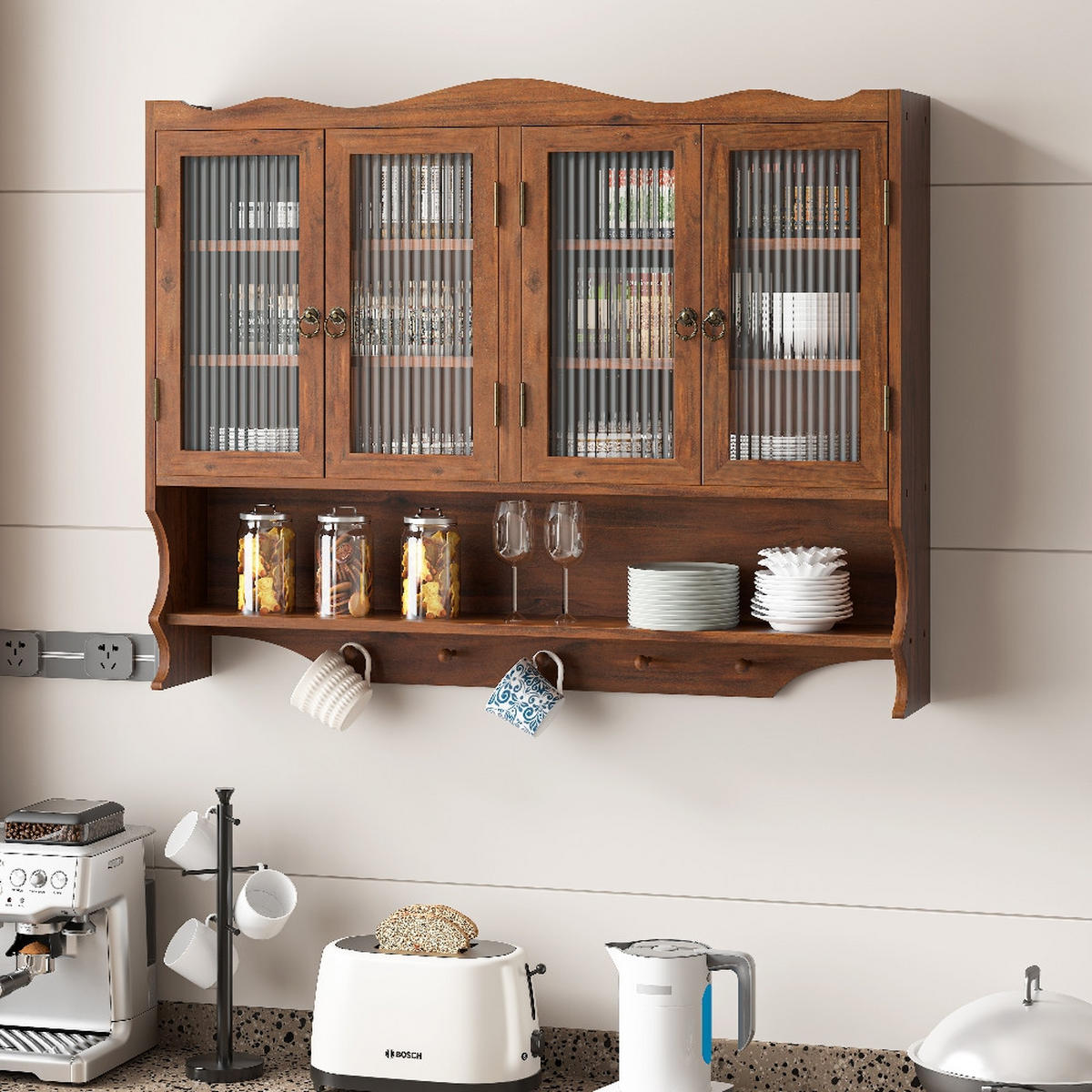 KÜCHENSCHRANK MIT 4 TÜREN UND HAKENLEISTE, Massivholz und Glas, Braun, Retro Badezimmerschrank, 100/80/20 cm - Braun, Kunststoff (20/80/100cm) - Rolipo