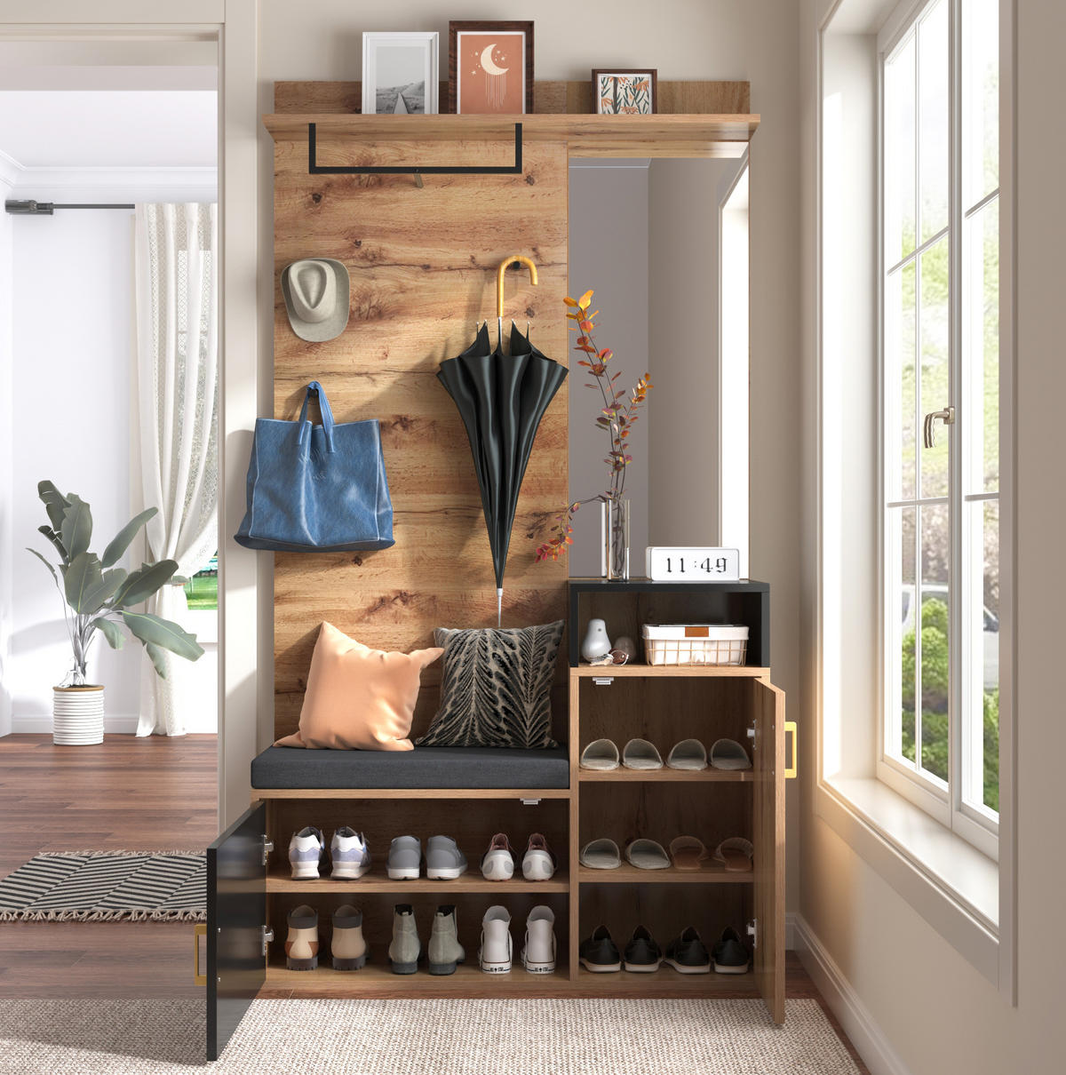 SCHUHSCHRANK aus MDF & Spanplatte 104x38.5x190cm in Schwarz mit Spiegel - Schwarz, Holzwerkstoff (104/190/38.5cm) - Modfu