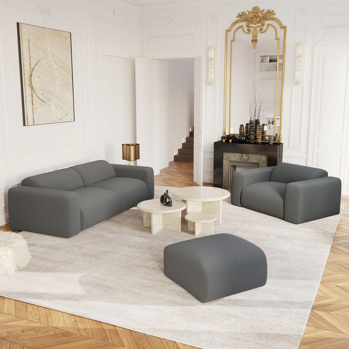 SOFA 3-Sitzer Bouclé-Stoff Graphitgrau 205cm - Graphitfarben/Grau, Textil (205/73/97cm) - Sia Home