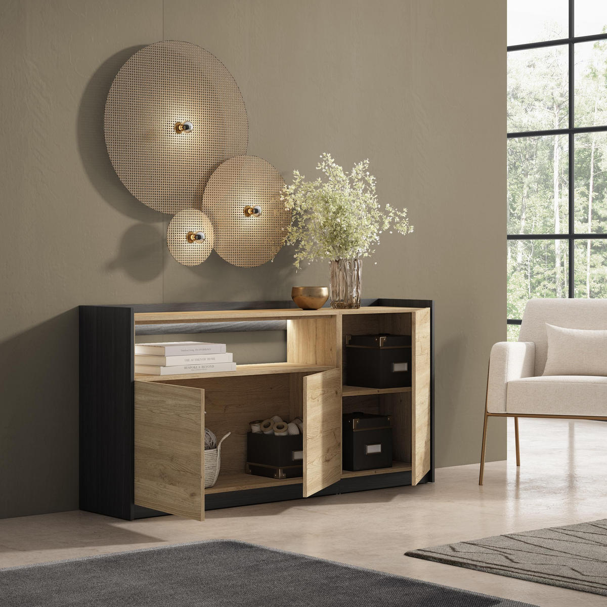 SIDEBOARD, Eiche und Schwarz, 156/37/80cm, mit Led - Eichefarben, Holzwerkstoff (156/80/37cm) - Skraut Home