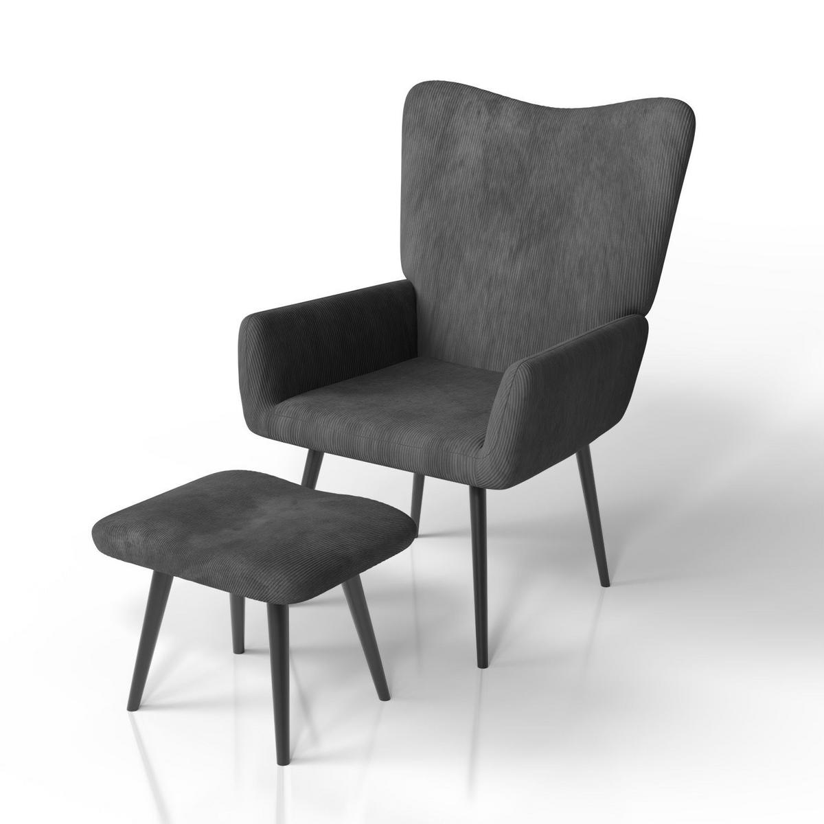 OHRENSESSEL Odense mit Hocker Cord Grau - Grau, Textil (68/95/73cm) - Juskys