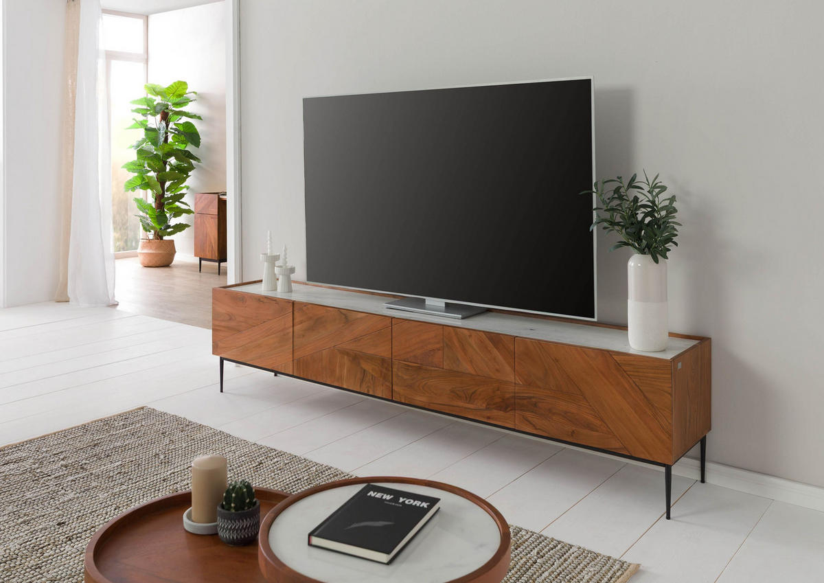 TV-BOARD Akazie 220x40x50 natur lackiert / Marmor weiß KARLSTAD #06 - Naturfarben, Holz (40/50/220cm) - Massivmoebel24