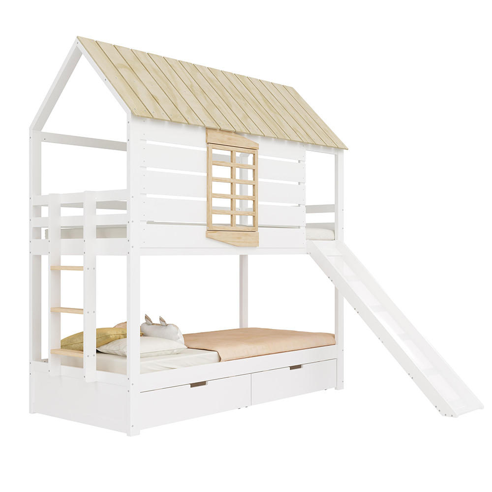 HAUSBETT 90X200 cm mit Rutsche und 2 Schubladen, Weiß+Natural - Weiß, Holz (90/200cm) - KOMHTOM