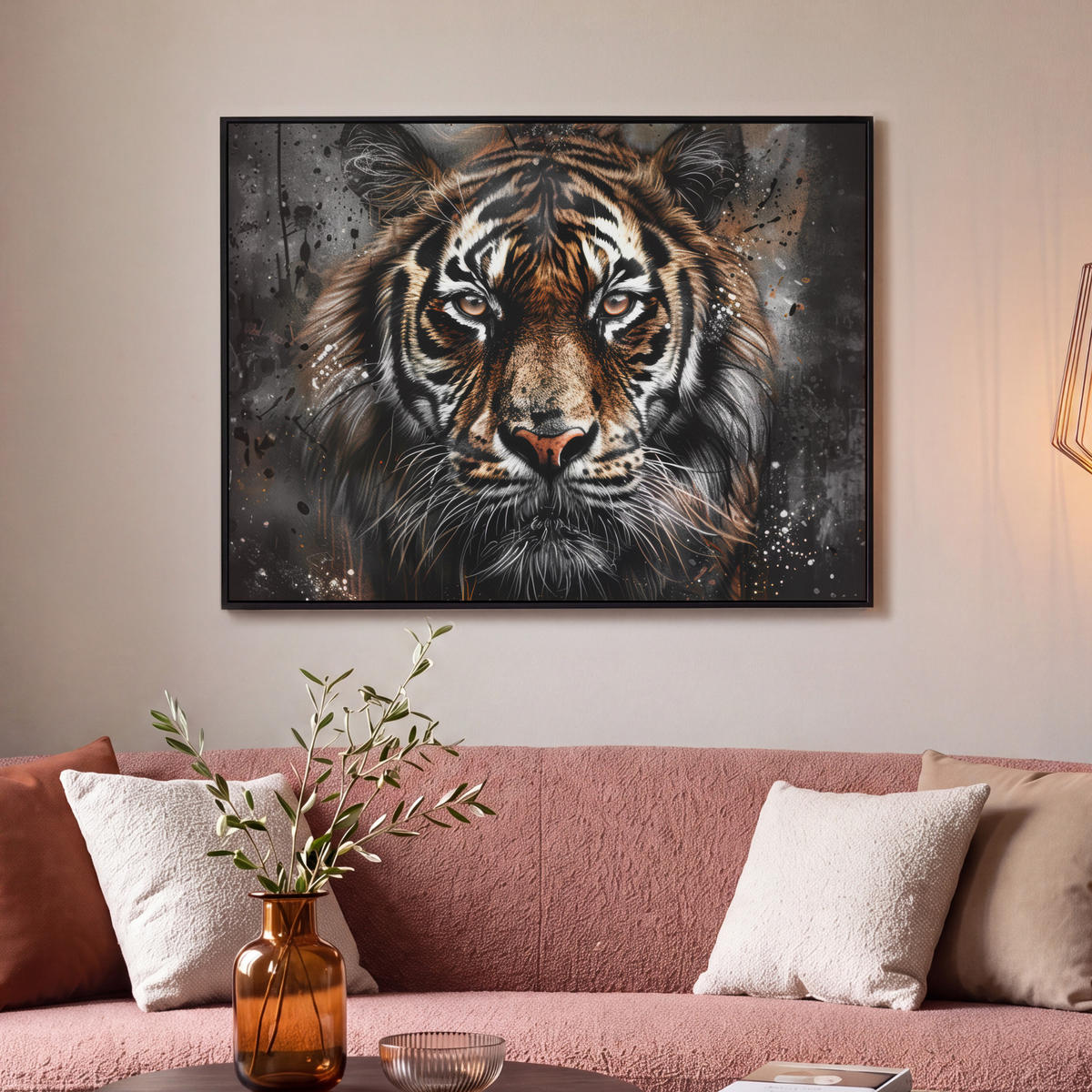 LEINWAND Bilder mit Rahmen - Tiger - Tiere - Porträt - Luxus - Schwarz - 100x70 - Braun, Textil (100/70cm) - MuchoWow