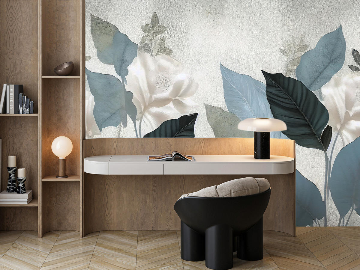 FOTOTAPETA Pre Obývaciu Izbu Modré Listy Betón Vintage Minimalistická 400 x 280 cm - sivá, papier (400/280cm) - Muralo