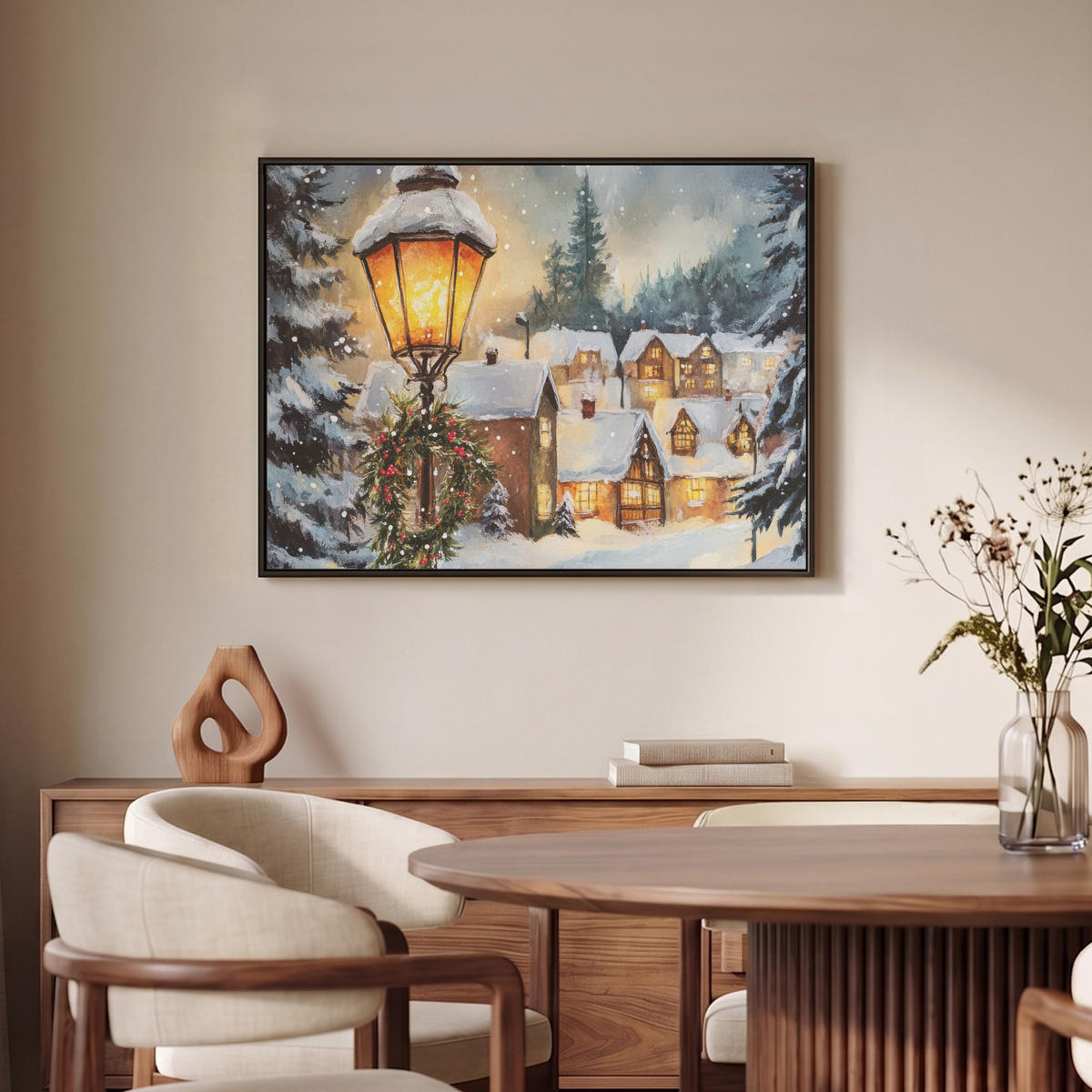 LEINWAND Bilder mit Rahmen - Weihnachtsdorf - Häuser - Schnee - Weihnachten - 80x60 - Sandfarben, Textil (80/60cm) - MuchoWow
