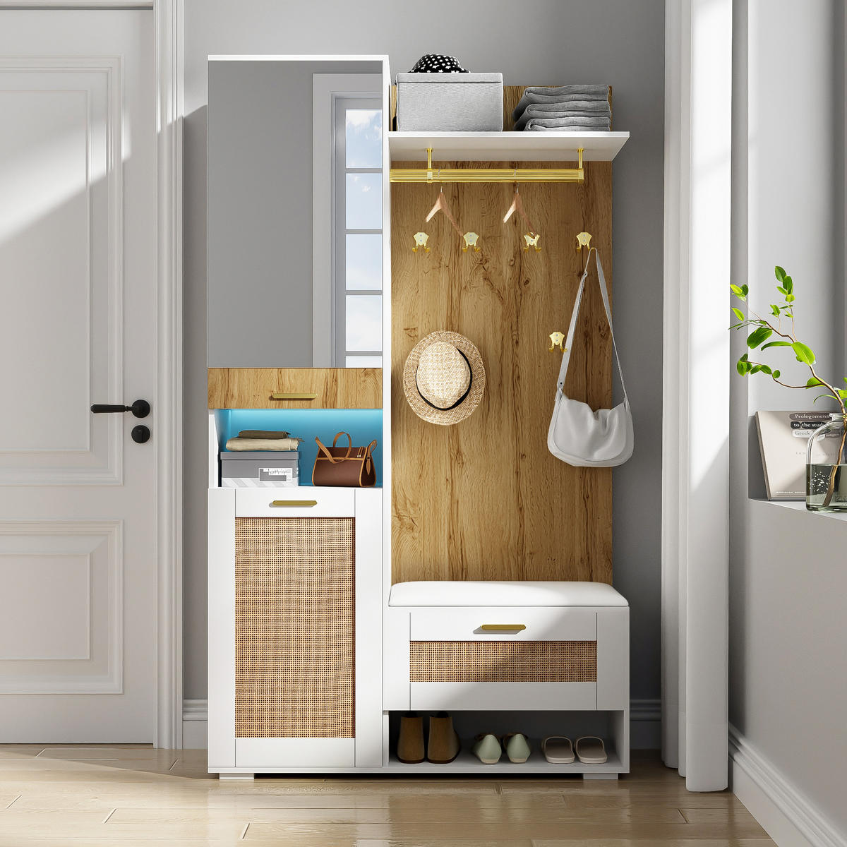 GARDEROBENSET Spiegel LED Schuhschrank Haken Sitzbank - Weiß, Holzwerkstoff (38/190/110cm) - FLIEKS