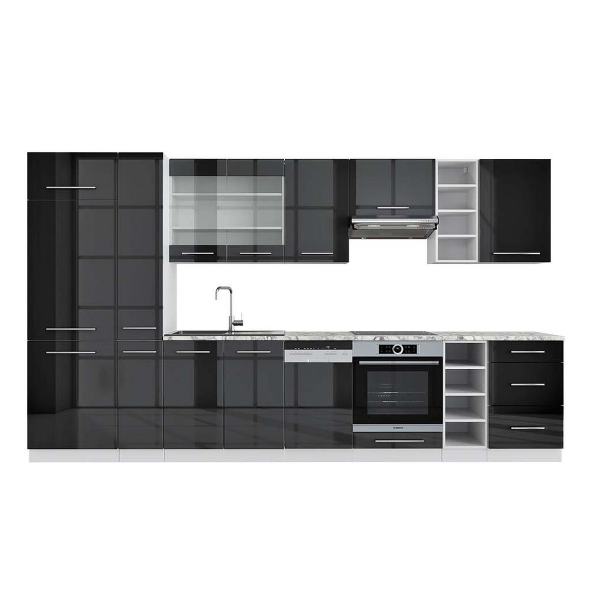 KÜCHENZEILE Fame-Line Anthrazit Hochglanz/Weiß 355 cm, AP Marmor - Anthrazit/Weiß, Holzwerkstoff (355/81.6/60cm) - Vicco