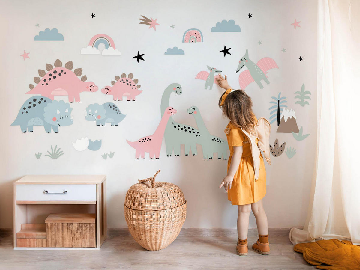 WANDAUFKLEBER 100x148cm - Dino-Familie - Multicolor, Kunststoff (100/148/0.1cm) - Wallfluent