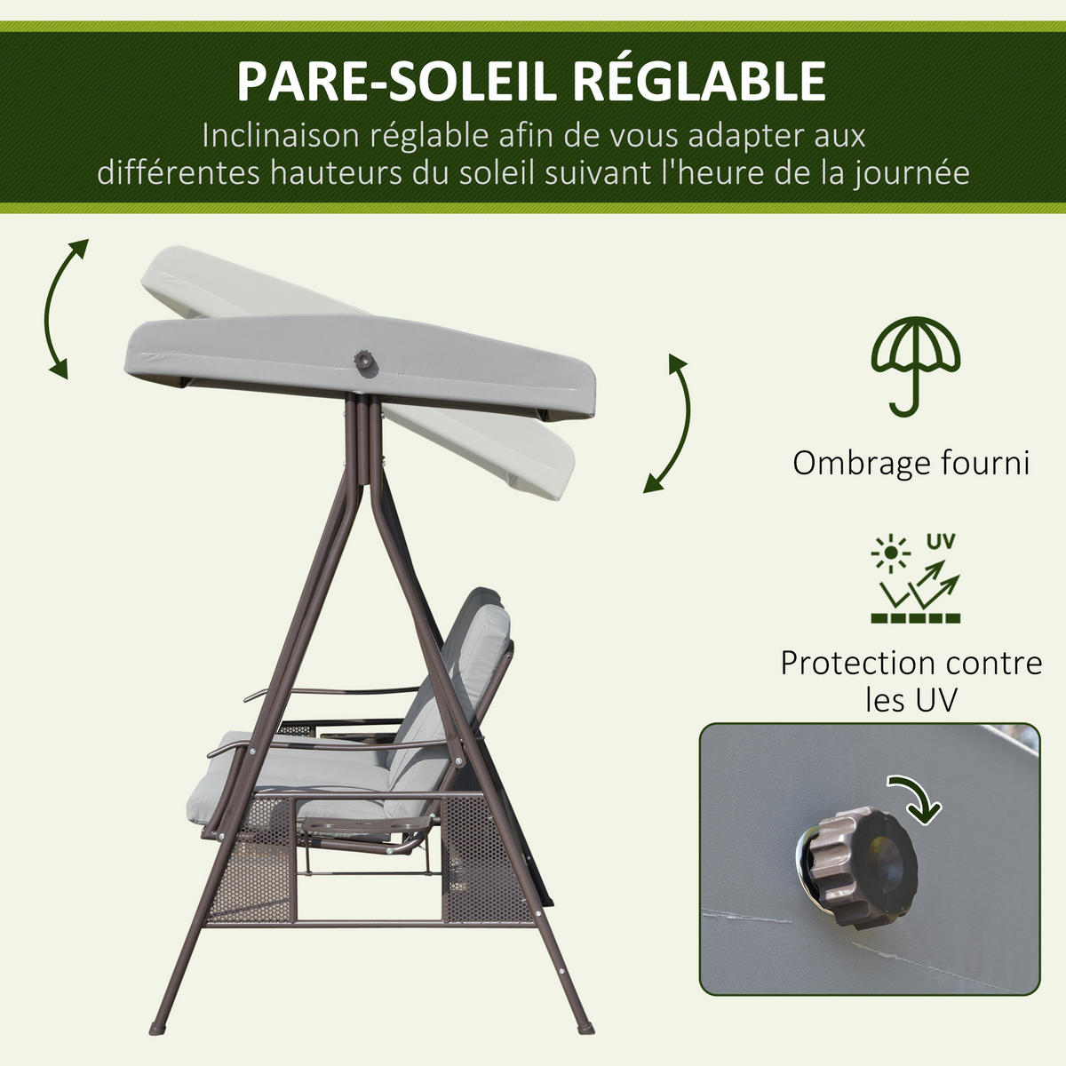 HOLLYWOODSCHAUKEL DE-15278 3-Sitzer mit verstellbarem Dach Hellgrau - Hellgrau, Metall (116/183/206cm) - ComfortXL