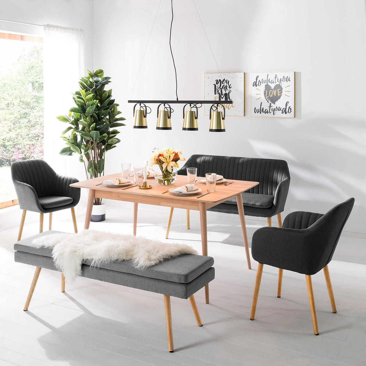 KÜCHENSOFA - Webstoff / Massivholz Eiche - Dunkelgrau, Eichenholz/Holz (130/85/62cm) - home24
