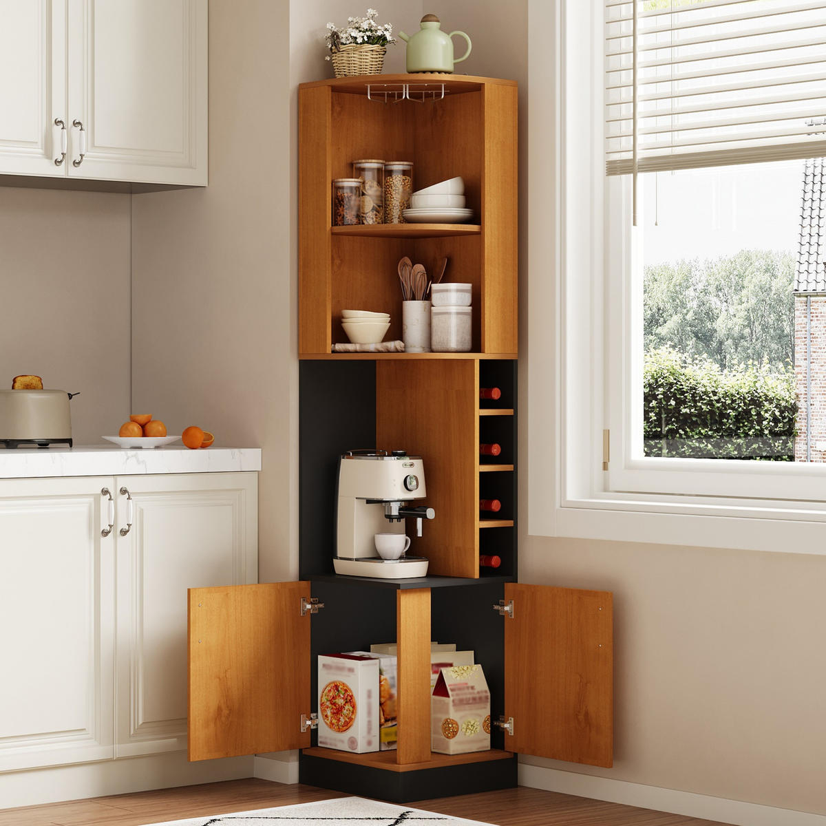HIGHBOARD DE-38705 40/40/182 cm Weinglasregal und 4 Weinfächer Holz - Naturfarben, Holzwerkstoff (40/182/40cm) - ComfortXL