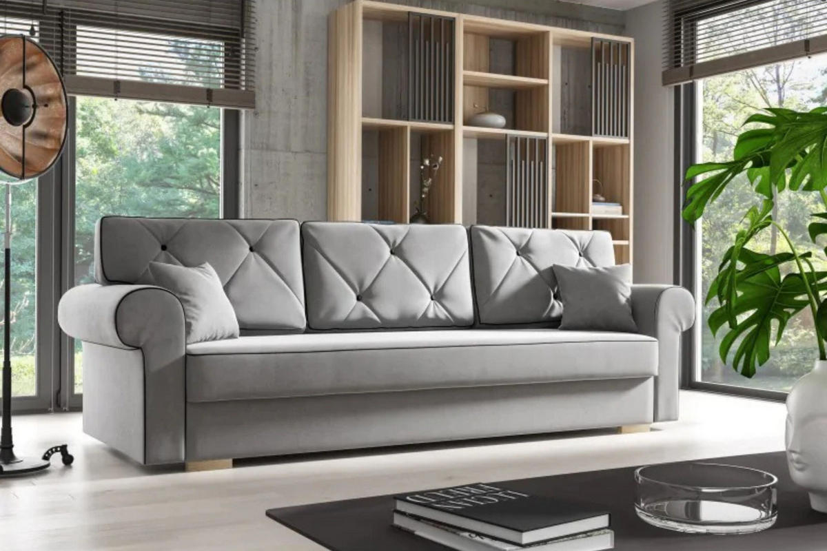 SCHLAFSOFA STAR, Sofa mit Schlaffunktion und Bettkasten, Farbe: Grau, Veloursstoff - Grau, Textil (237/90/85cm) - Sepro Meble