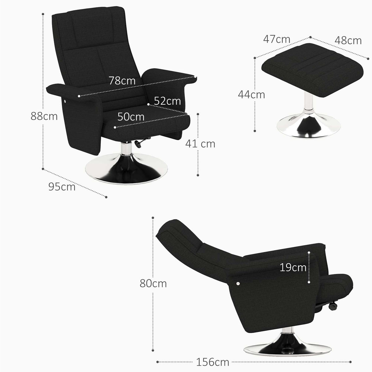 MASSAGESESSEL mit Fußhocker, elektrischer Relaxsessel mit Liegefunktion Schwarz - Schwarz, Textil/Metall (95/88/78cm) - HOMCOM