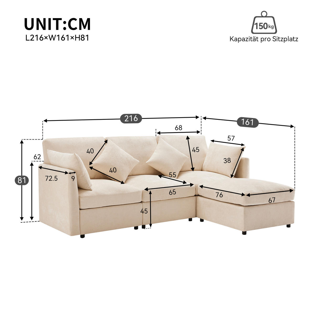 ECKSOFA Chenille mit Hocker 216/161/81 cm Beige inklusive 4 Kissen - Beige, Textil (161/216cm) - Redom