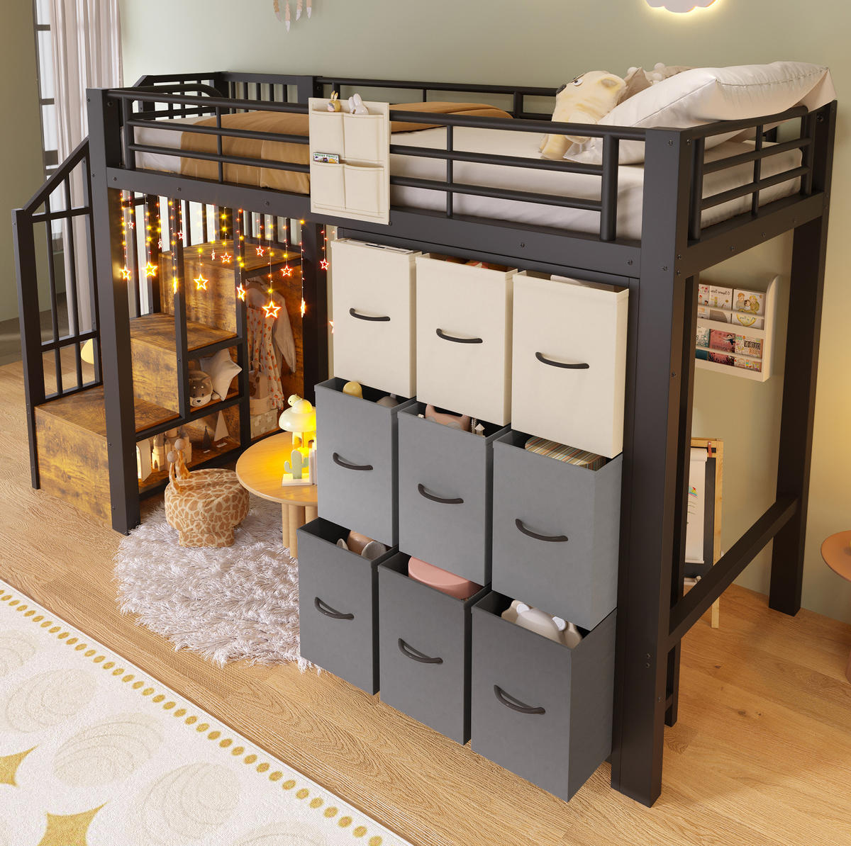 VISOKA postelja 90/200 cm črno-bela s predali, garderobno palico in stopnicami za shranjevanje iz kovine in MDF - bela, leseni material (90/200cm) - OKWISH