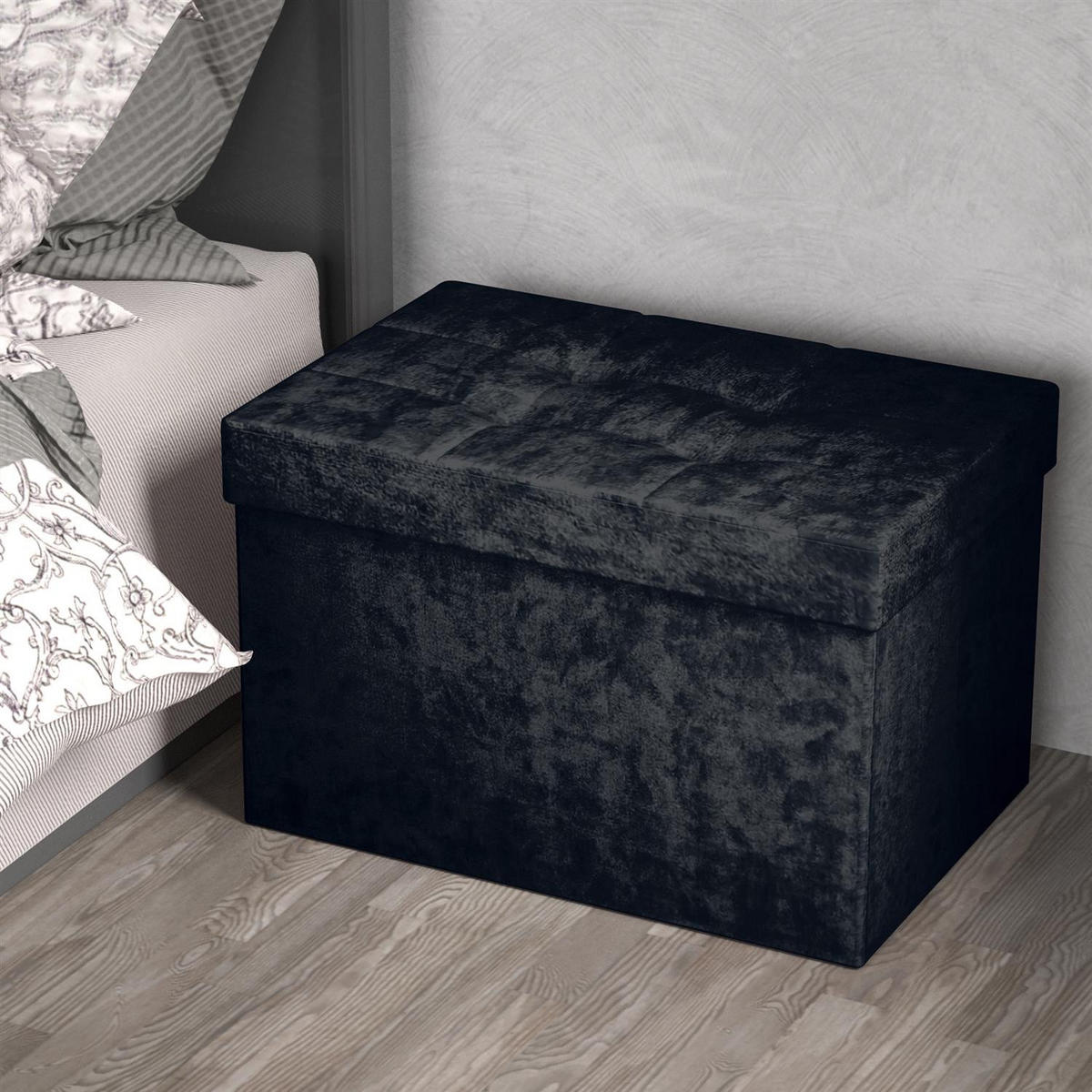 SITZBOX Faltbar mit Samtbezug 49/30/30 cm (Schwarz) - Schwarz, Karton (30/30/49cm) - Intirilife