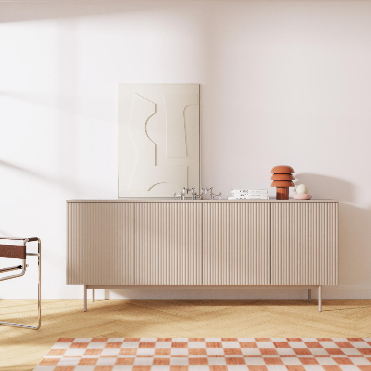 KOMMODE Soft mit 4 Türen und geriffelten Fronten, Kaschmir - Kaschmir, Holzwerkstoff/Metall (200/83/38cm) - Beautysofa