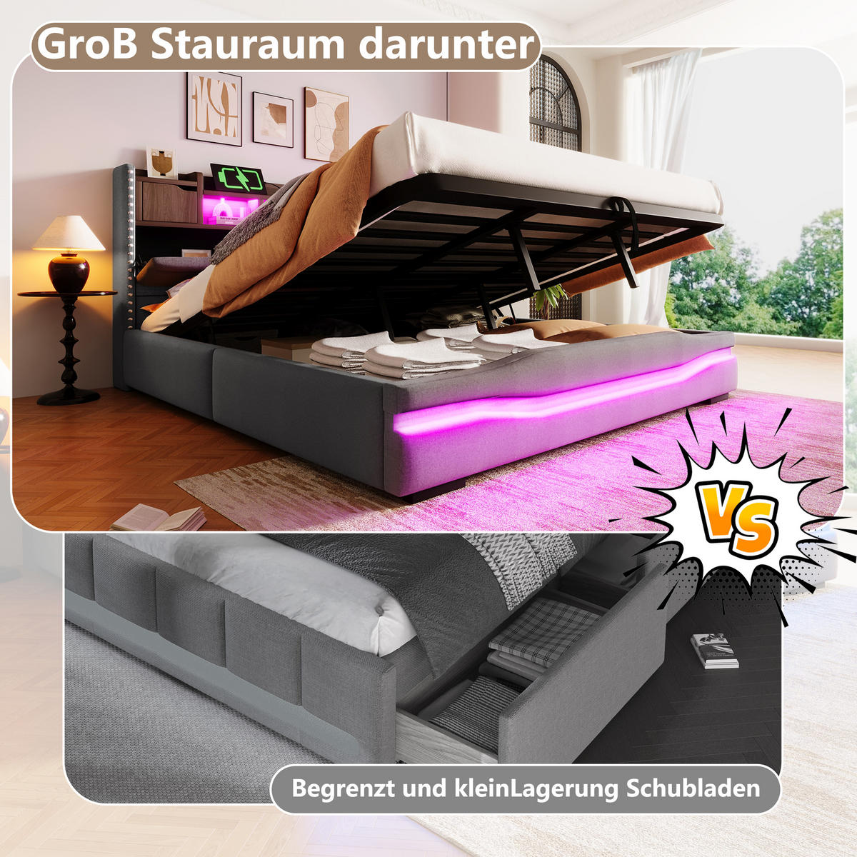 POLSTERBETT 180x200 cm LED USB grau - Grau, Textil (180/200cm) - LEBENLANG