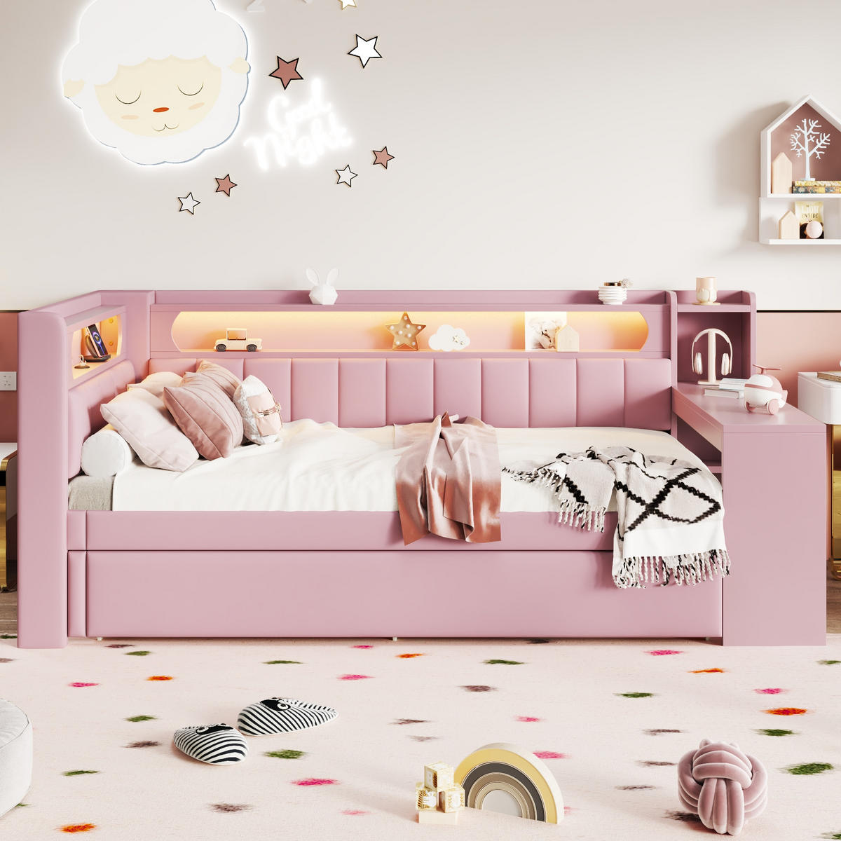AUSZIEHBETT 90/200 cm DE-03383, mit LED, Ausziehbett und Schreibtisch, in Rosa - Pink, Holzwerkstoff (90/200cm) - ComfortXL
