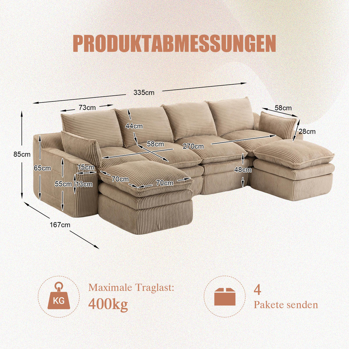 WOHNLANDSCHAFT Cord Khaki mit Kissen, Hocker und Seitentaschen - Hellbraun, Textil (335/85/167cm) - WISHDOR
