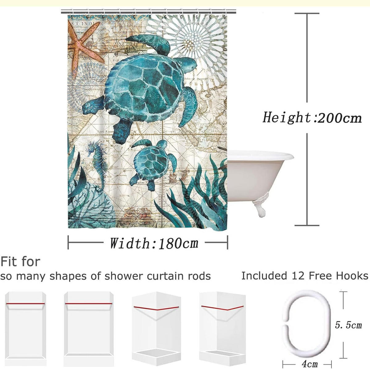 DUSCHVORHANG Marineblau Meer Schildkröte schön bedruckt wasserdicht mit Haken Badewanne Badezimmer - Multicolor, Textil (180/200cm) - MCBOSON