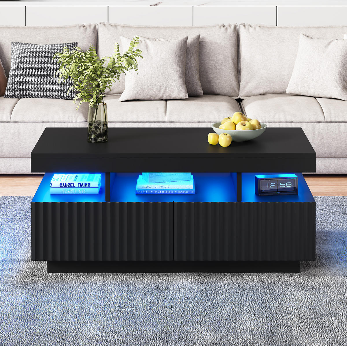 COUCHTISCH 100/50/45 cm mit 2 Schubladen, LED-Beleuchtung und offenem Fach, aus Spanplatte, Schwarz - Schwarz, Holzwerkstoff (100/50/45cm) - Redom