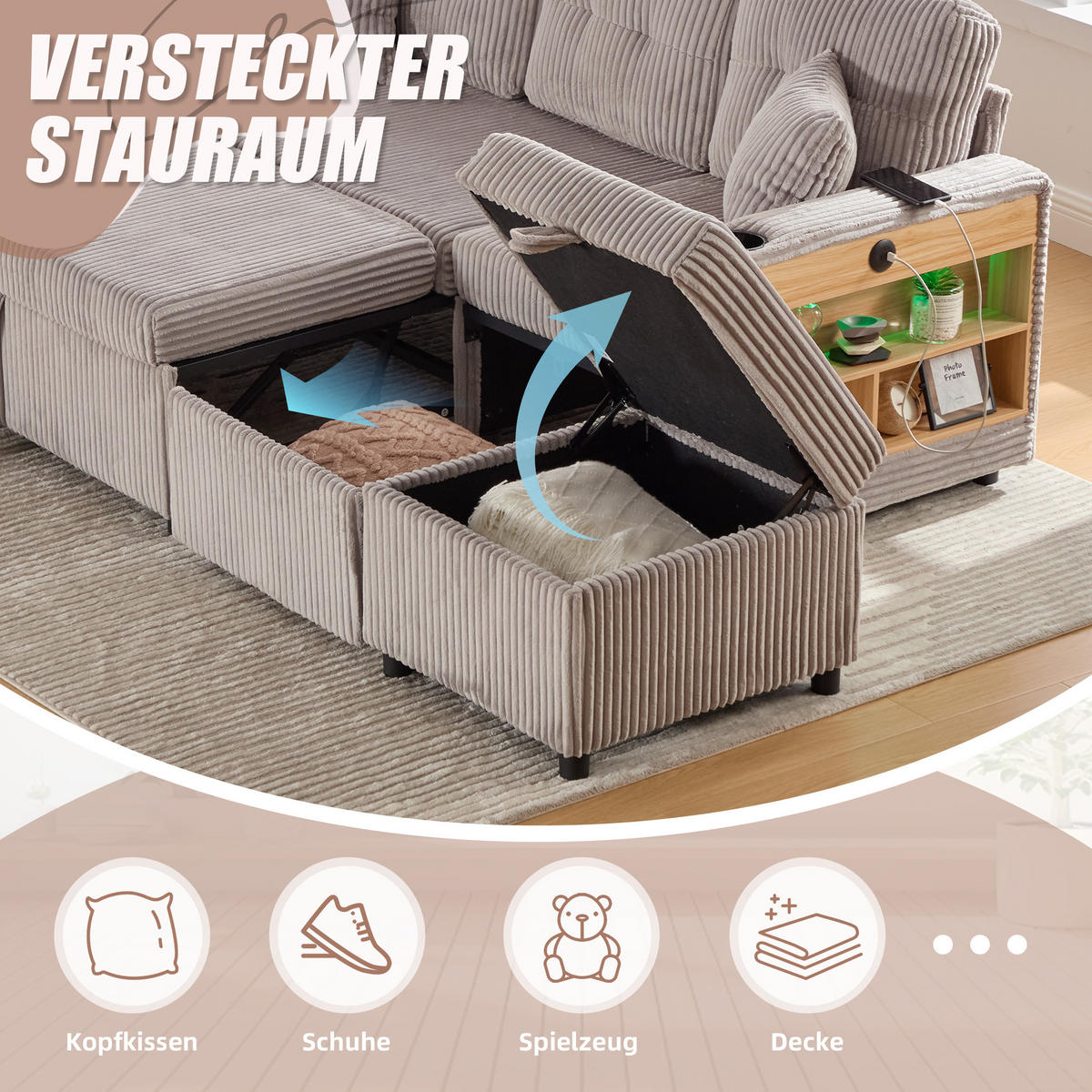 SCHLAFSOFA aus Cord mit Stauraum, Ausziehbett und USB-C - Hellgrau, Textil (196/85/82cm)