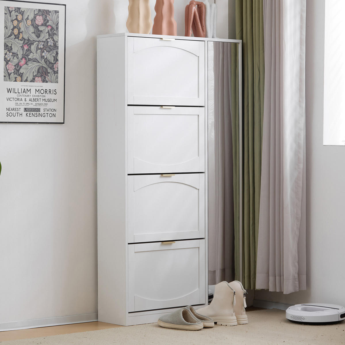 SCHUHSCHRANK in Weiß Schuhkommode mit Spiegel 4 klappbaren Fächern verstellbares Regal hinter Spiegel ,B80/T24/H147cm - Weiß, Glas/Holzwerkstoff (80/147/24cm) - STILVORA