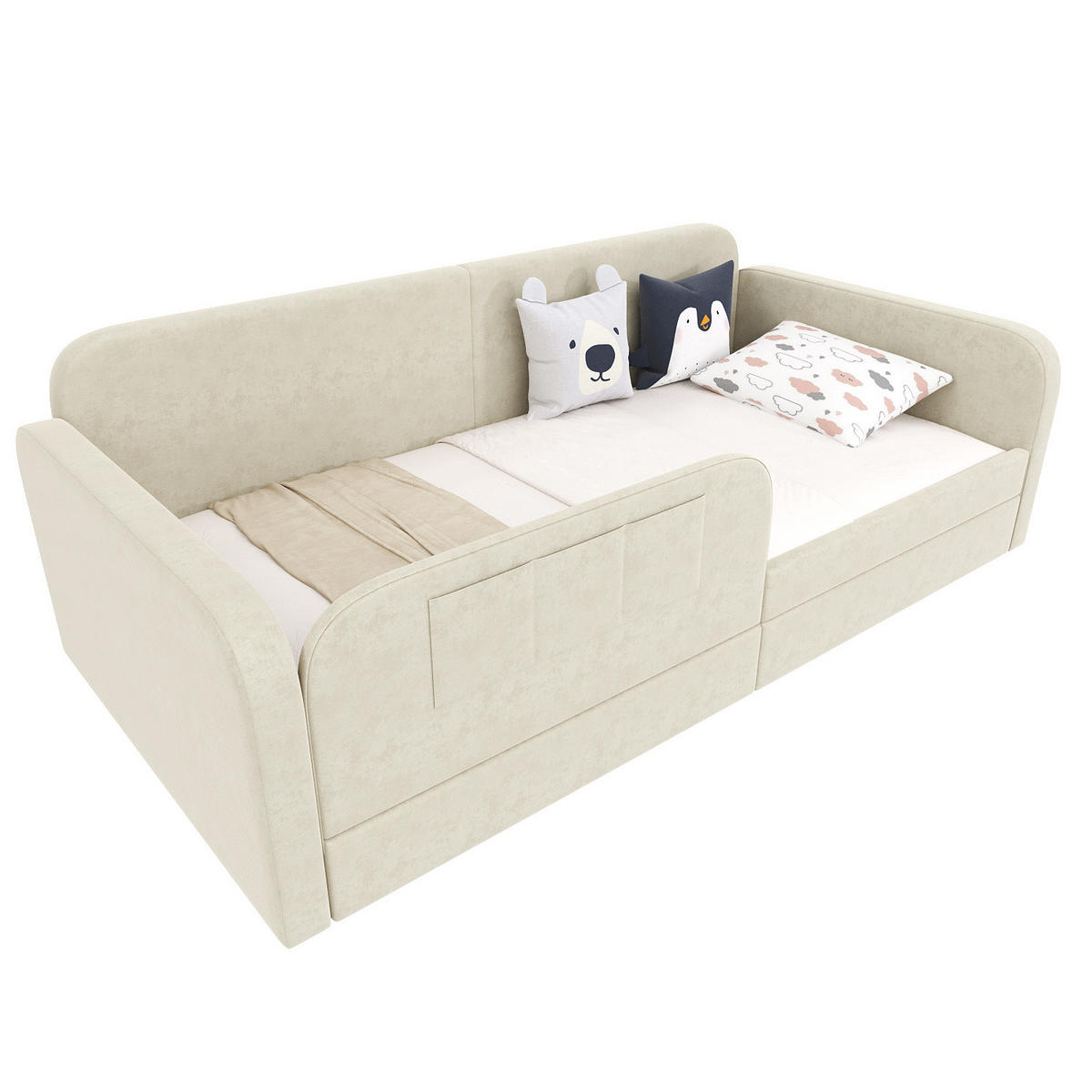 POLSTERBETT 90/200 cm Weiß mit Stauraum und erhöhtem Zaunbrett aus Samt - Weiß, Textil (90/200cm) - OKWISH