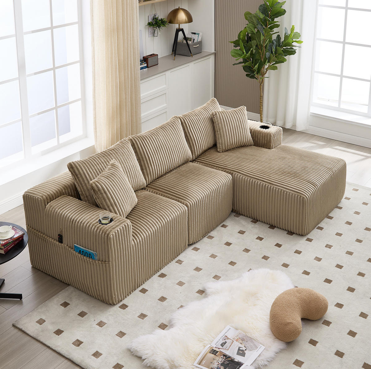 MODULARES Sofa-Set Cord mit Chaiselongue und 2-Sitzer Getränkehalter und Seitentaschen 257/90 160/62 cm Sandfarben - Sandfarben, Textil (160/257cm) - Redom
