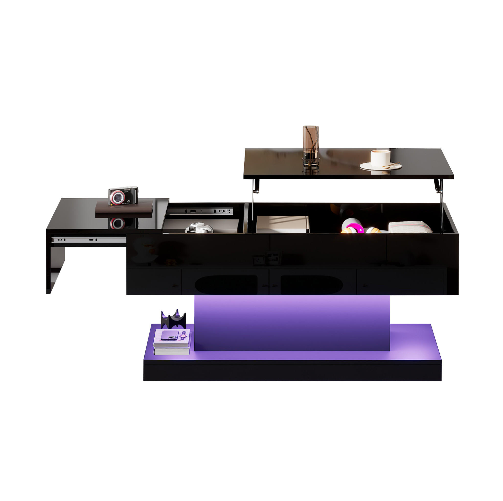 COUCHTISCH, Hochglanz schwarz, hydraulisch liftbar, Platte seitlich verschiebbar, mit LED & Stauraum, 100/50/45 cm,schwarz - Schwarz, Holzwerkstoff (100/50/45cm) - Redom